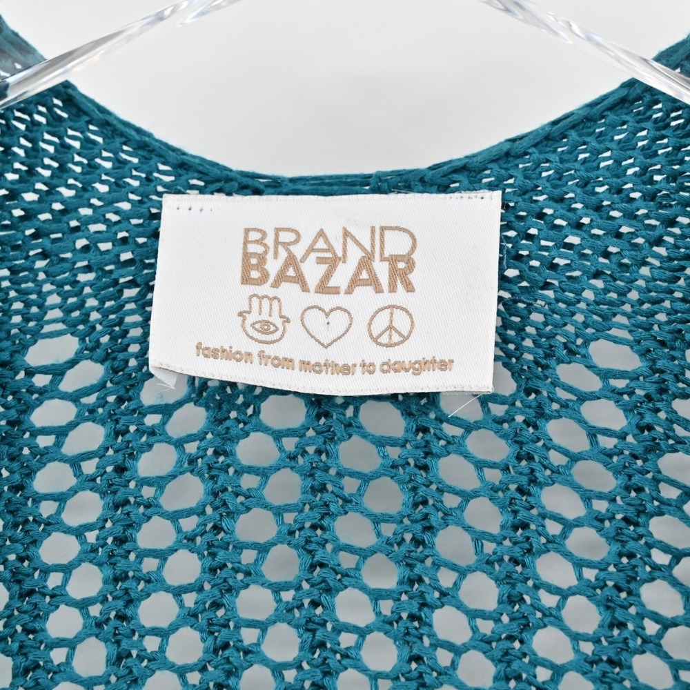 BRAND BAZAR Cardigan Sweater Womens Sz L Crochet Blue Open Knit Quarter Sleeve - Picture 6 of 10